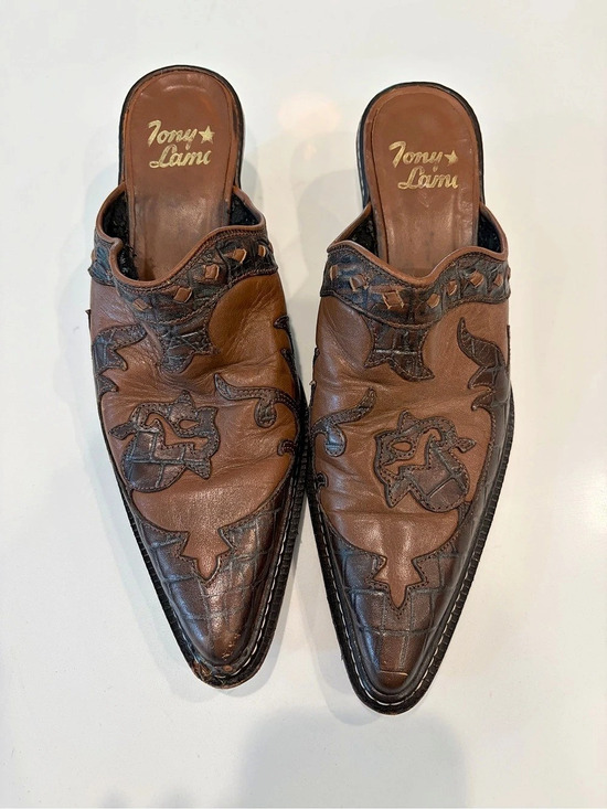 Tony Lama Shoes - vintage Tony Lama Embroidered Leather-Style Mules in Brown with silver rose heel